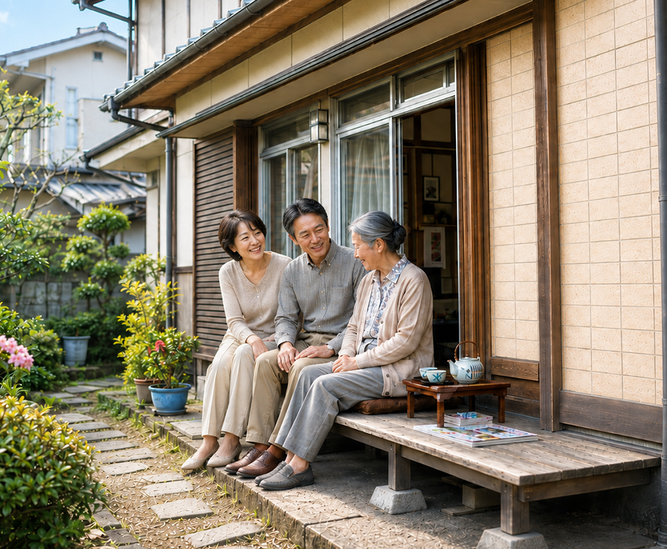 縁側に座る家族